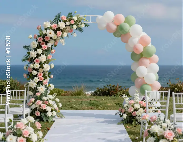 Outdoor Wedding Ceremony Setup with Balloon Arch and Ocean View
