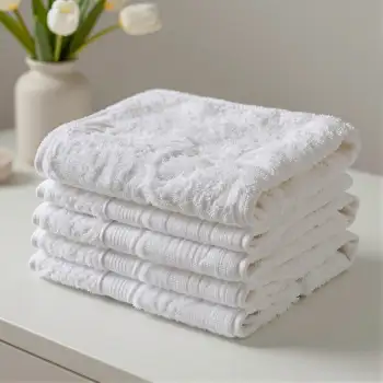 Neatly Folded White Towels on Dresser tidy minimalist hotel