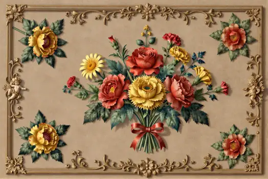 Ornate Gold Frame with Vibrant Flower Bouquet