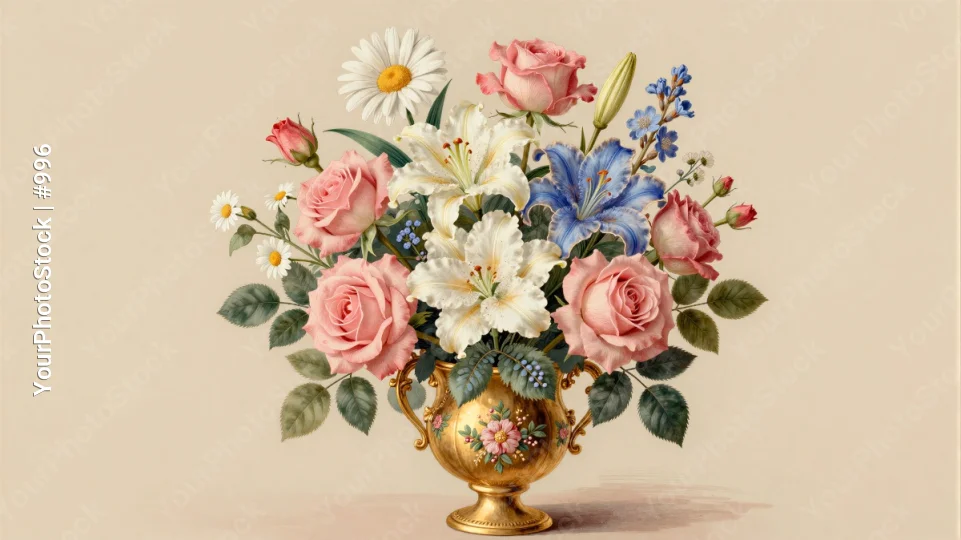 Ornate Gold Vase with Mixed Flowers bouquet roses
