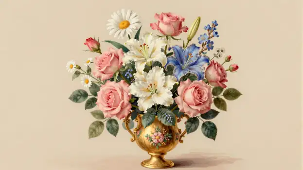 Ornate Gold Vase with Mixed Flowers bouquet roses