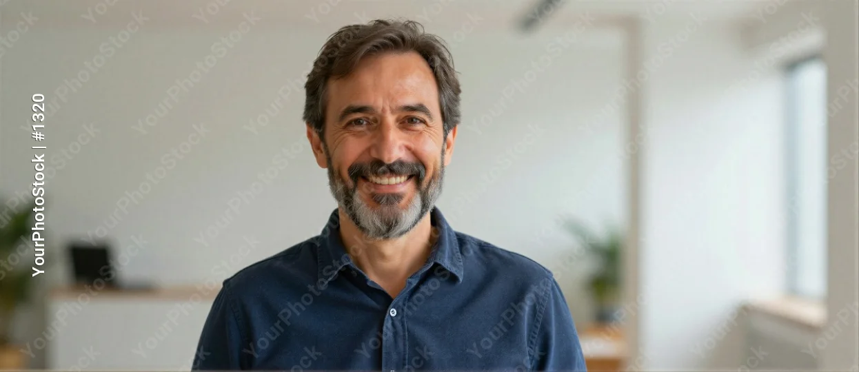 Middle-aged man smiling at camera in office beard business corporate