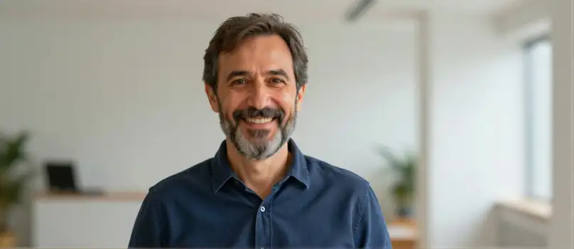 Middle-aged man smiling at camera in office beard business corporate