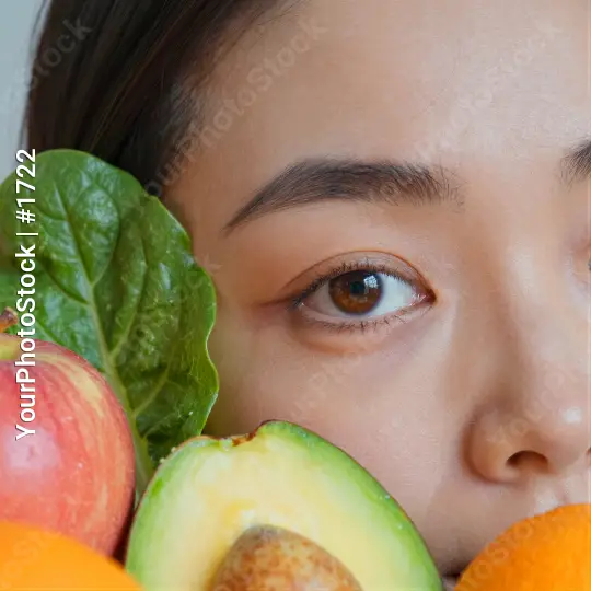 Young Woman with Fruits Close-Up vegetables apple