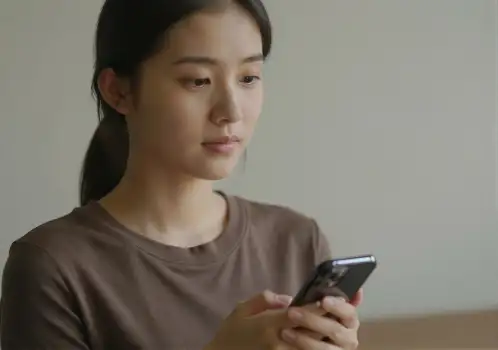 Asian Woman Engrossed in Phone on Couch engaged