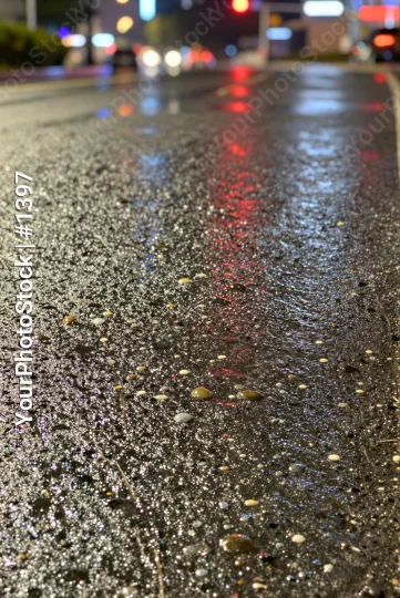 Wet Road at Night in City streetlights buildings
