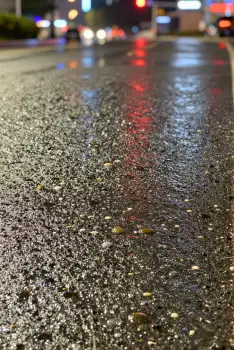 Wet Road at Night in City streetlights buildings