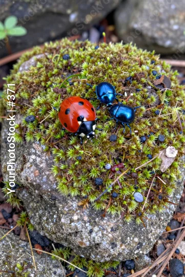 Green Moss Rock with Ladybug and Beetles wooded area