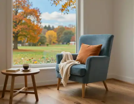 Autumn Room Corner with Coffee and Book window