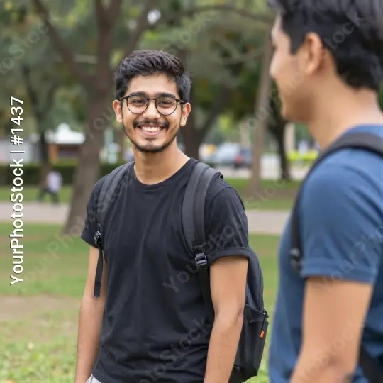 Two young men talking in a park conversation trees university students