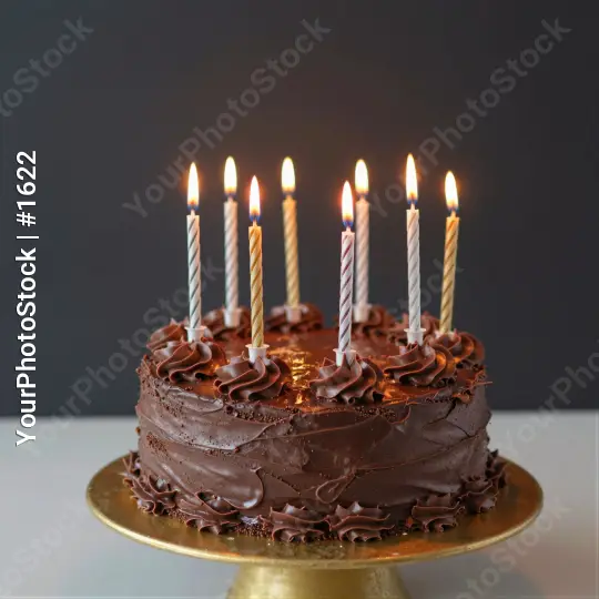Chocolate Cake on Gold Stand with Lit Candles