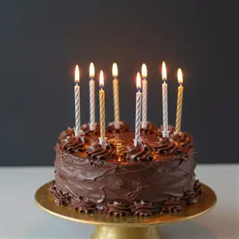 Chocolate Cake on Gold Stand with Lit Candles