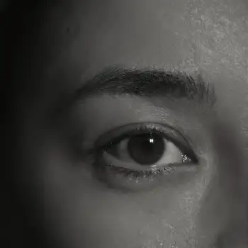 Close-up of a brown-eyed person looking directly into the camera