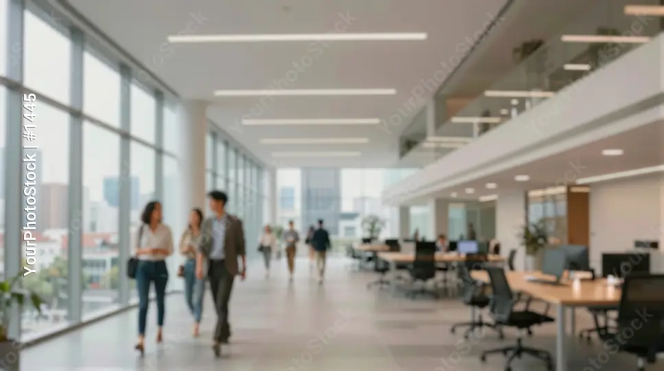 blurred Modern Office Space with City View and Business Professionals