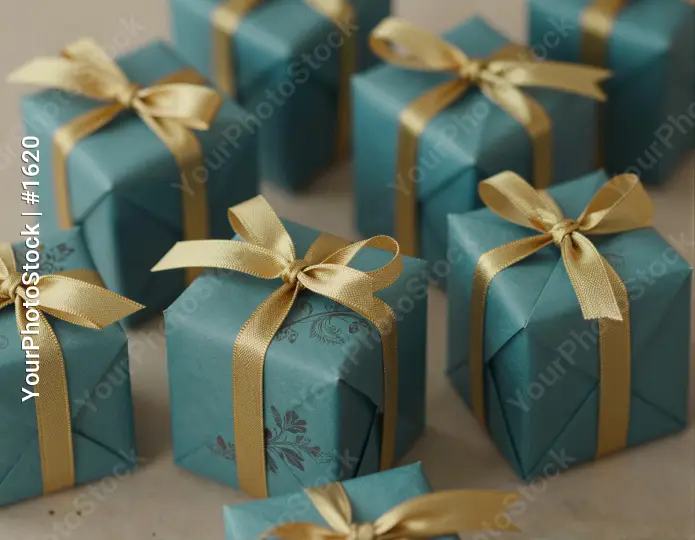 Scattered Gift Boxes teal paper gold ribbon bow ties