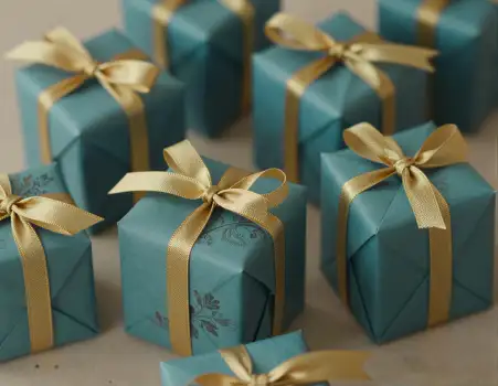 Scattered Gift Boxes teal paper gold ribbon bow ties