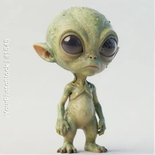 3D rendering of an alien-like figure with round head and wrinkled body