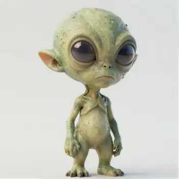 3D rendering of an alien-like figure with round head and wrinkled body