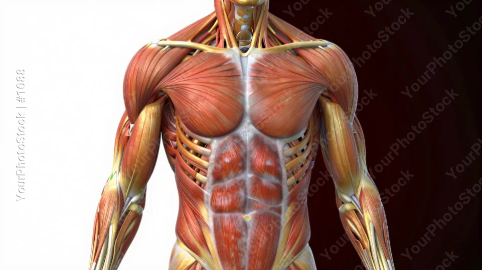 3D Model: Symmetrical Upper Body Muscles Highlighted in Red and Yellow
