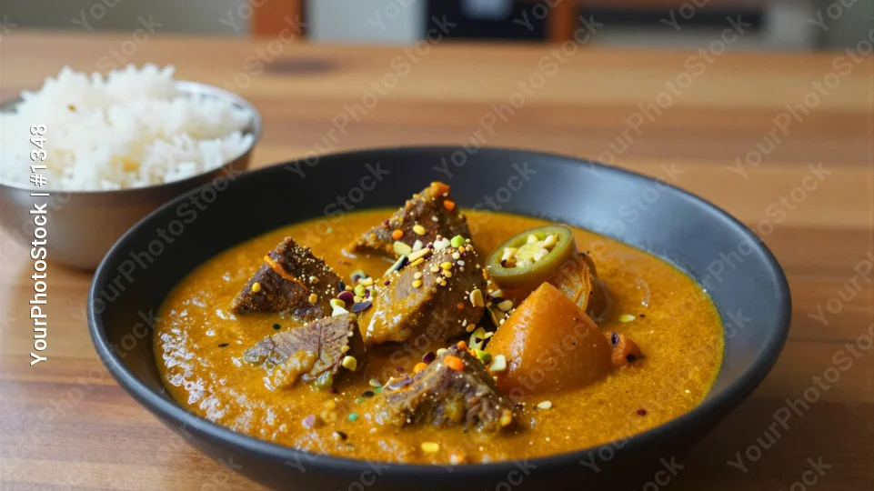 Indian Curry on Wooden Table beef carrots spices