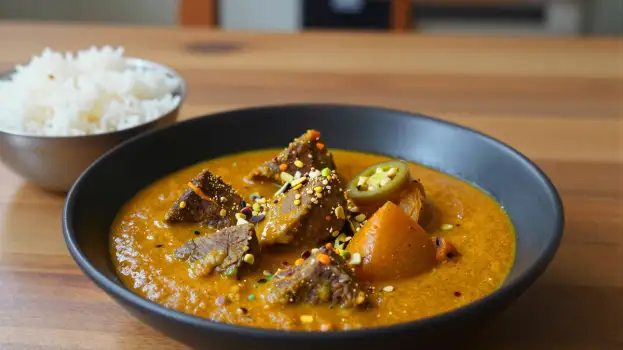 Indian Curry on Wooden Table beef carrots spices