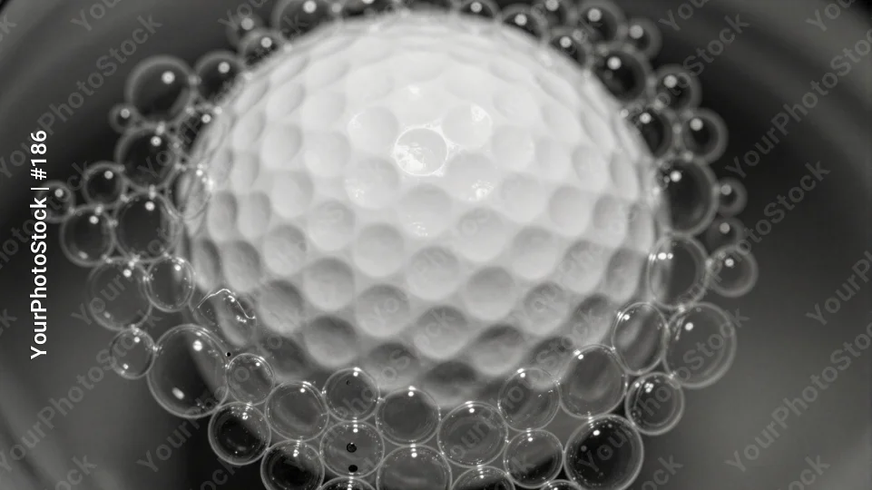 Golf Ball in Water Bowl black and white photograph