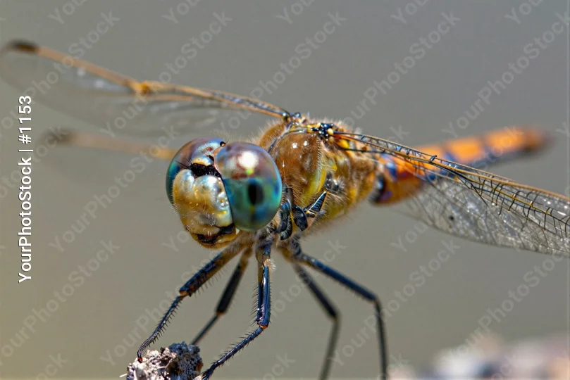 Close-up of Dragonfly with Blue-Green Body and Orange Wings