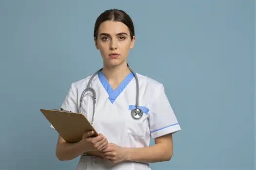 Young Female Doctor or Nurse in White Uniform with Stethoscope