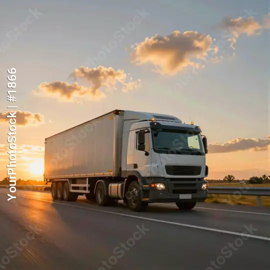 Semi-Truck Driving on Highway at Sunset empty road