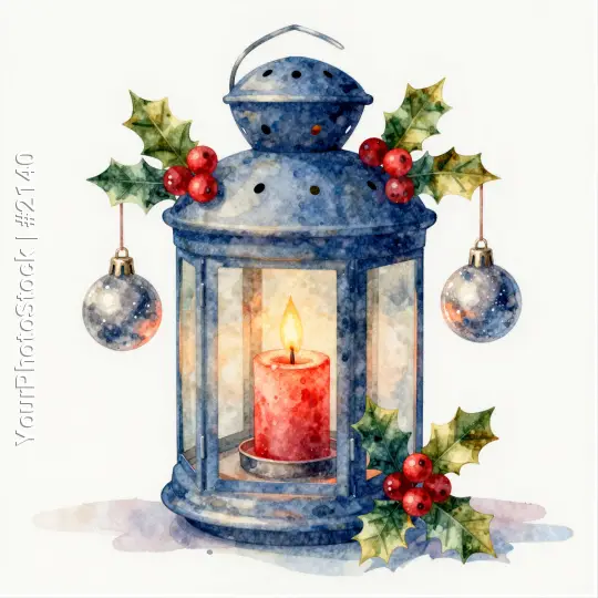 Blue Lantern with Red Candle and Holly Leaves christmas
