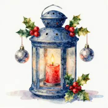 Blue Lantern with Red Candle and Holly Leaves christmas