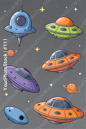 6 Colorful Flying Saucers Illustration ufo space