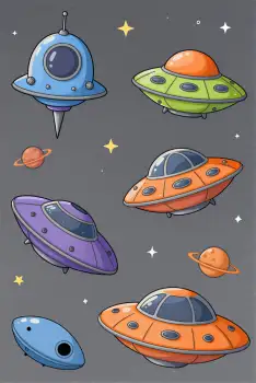 6 Colorful Flying Saucers Illustration ufo space