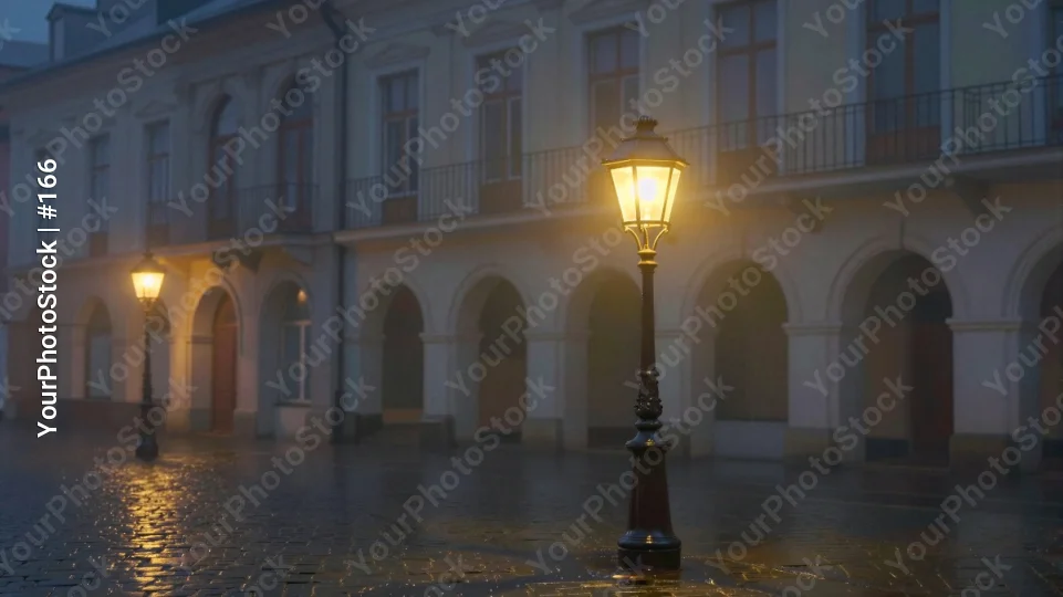 Night Street Scene with Wet Puddles and Old Lamps