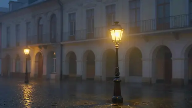 Night Street Scene with Wet Puddles and Old Lamps