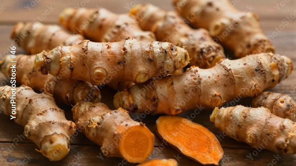 Fresh Turmeric Roots on Wooden Surface food natural health
