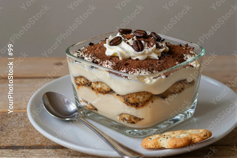 Tiramisu in Glass Dish on White Plate dessert