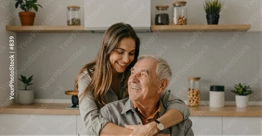 elderly man hugging young woman in kitchen cozy