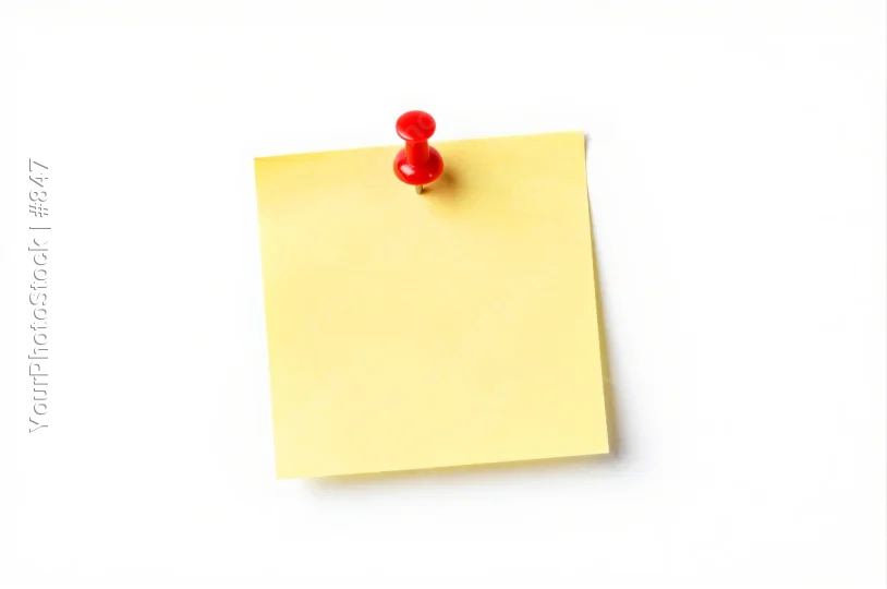 Yellow Sticky Note with Red Pin on White Background