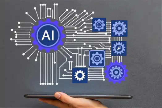 Hand holding AI tablet with circuit board and gears