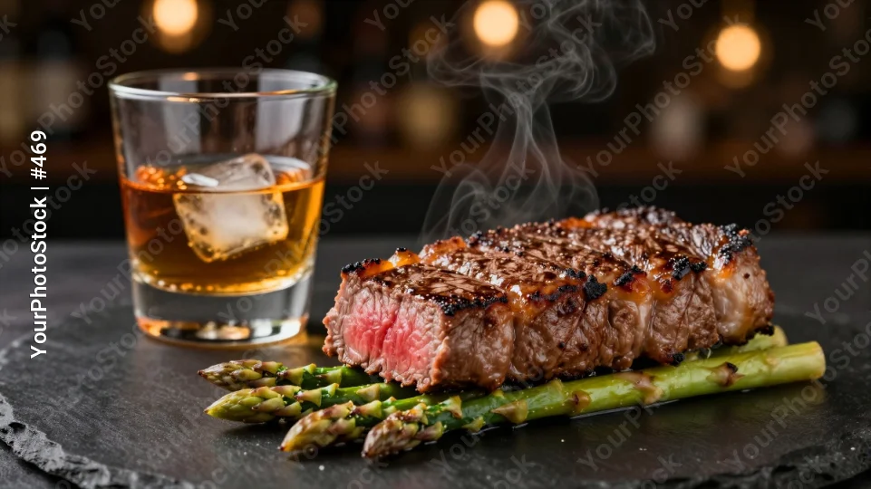 Steak and Asparagus on Slate Plate medium rare