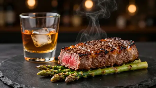 Steak and Asparagus on Slate Plate medium rare