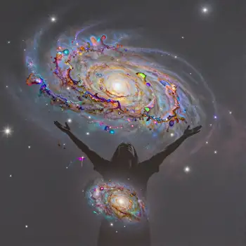 Person Reaching Towards Galaxy spiral vibrant