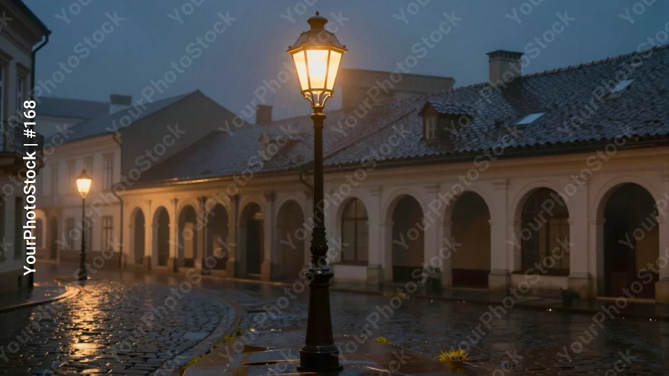 European city street at night with wet pavement and fallen leaves