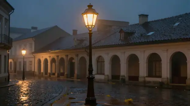 European city street at night with wet pavement and fallen leaves