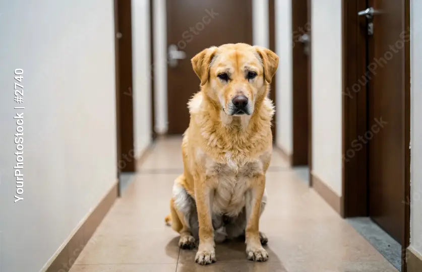 Golden Retriever Waiting in Hallway sad scared