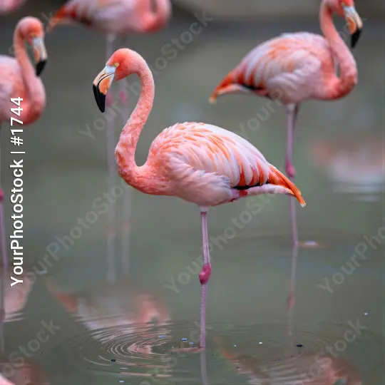 Pink Flamingos Standing in Water nature reflecting