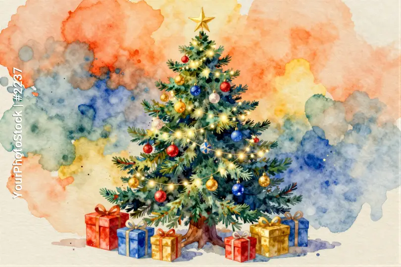 Christmas Tree with Star and Gift Boxes watercolor