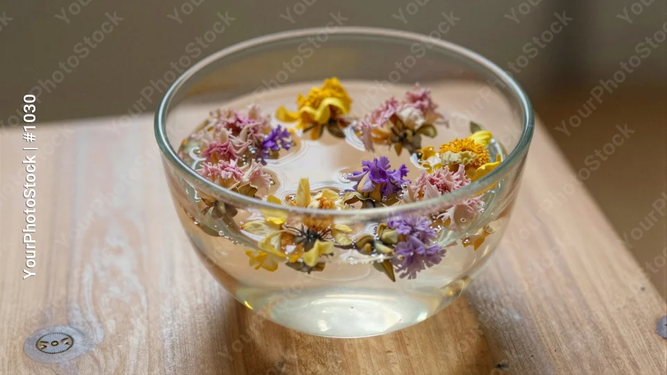 Dried Flowers Floating in Water on Wood glass bowl