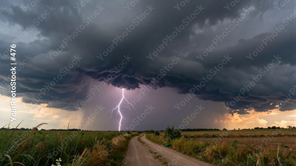 Dramatic Lightning Strike on Sunset Dirt Road